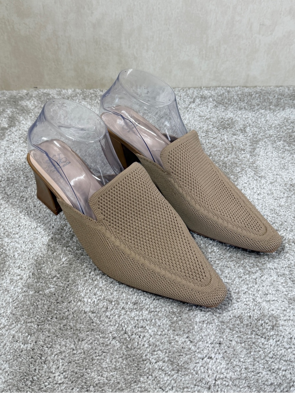 Cosy Island Women’s Knit Block Heels Shoes Mules Pointed Toe in Apricoat Cream 9